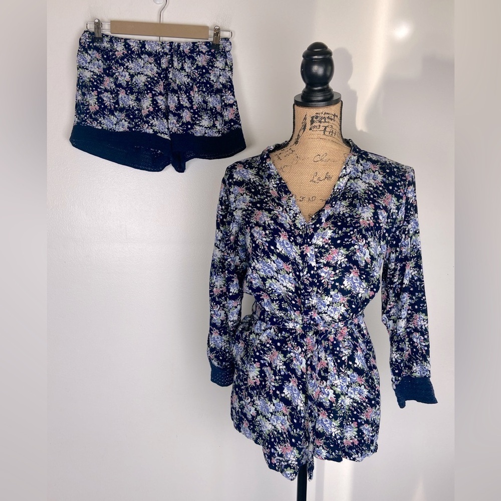 Japna Lounge Floral‎ Robe Pant Pajama Set Size M Blue Wrap Top Long Sleeve Lace
